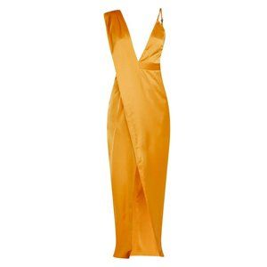 NWT PRETTYLITTLETHING Mustard Asymmetric Drape Detail Maxi Dress, size 8